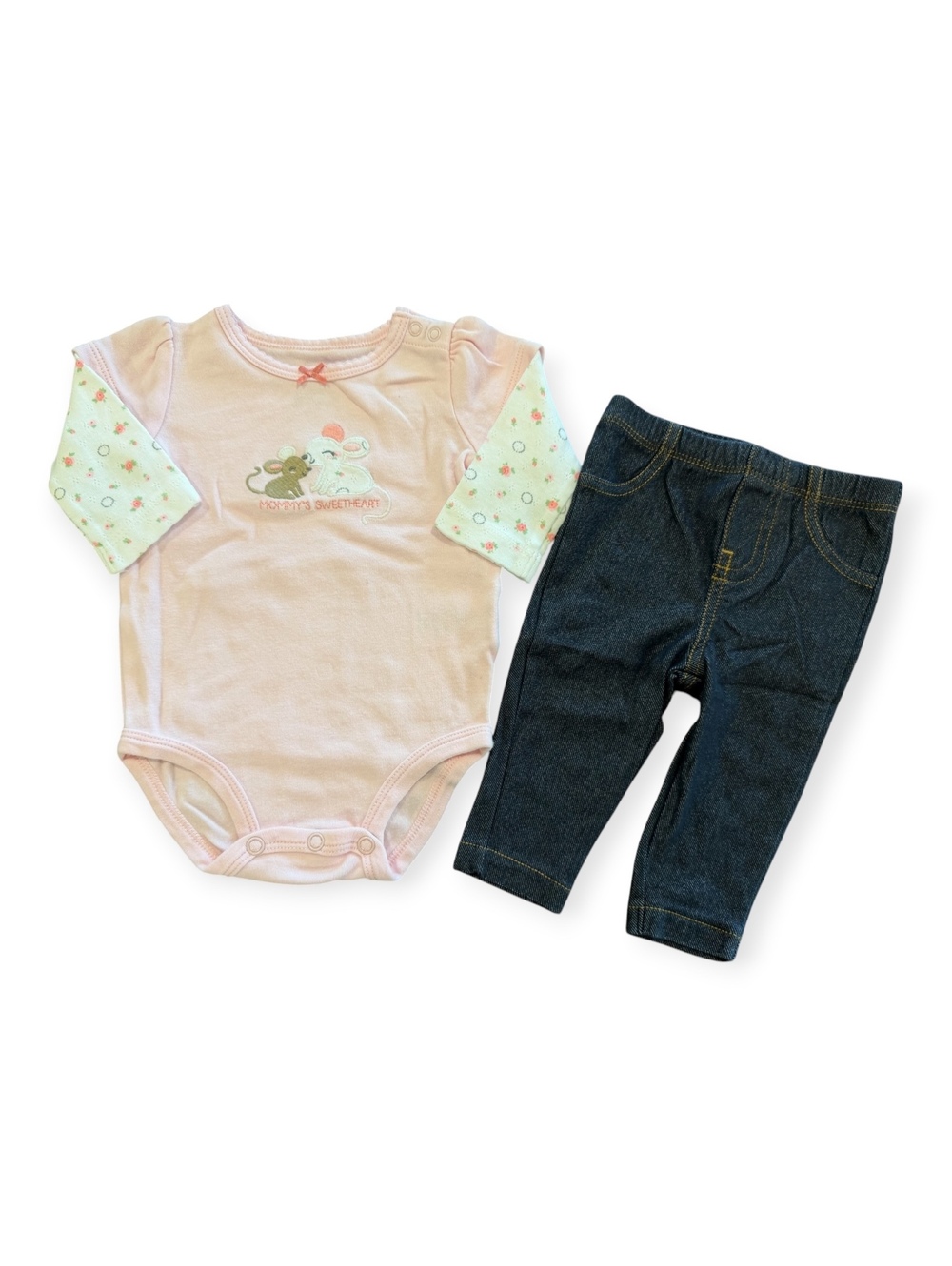 Carter's Girl 2-Piece 3 Months Pink Long Sleeve Bodysuit with Animal and Denim